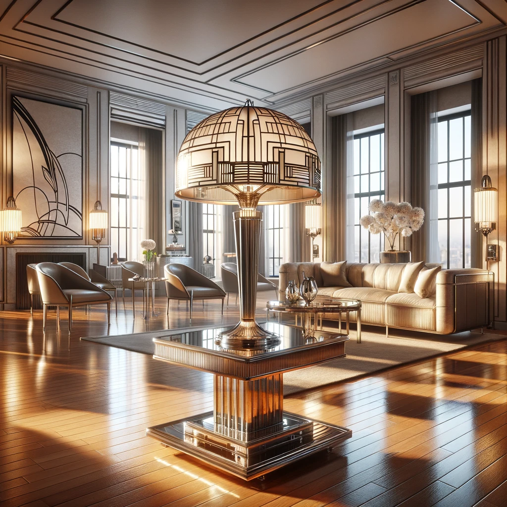 Une lampe de style Tiffany Art Déco intemporelle éclairant un grand salon ensoleillé, où l'histoire et la modernité se mêlent harmonieusement.