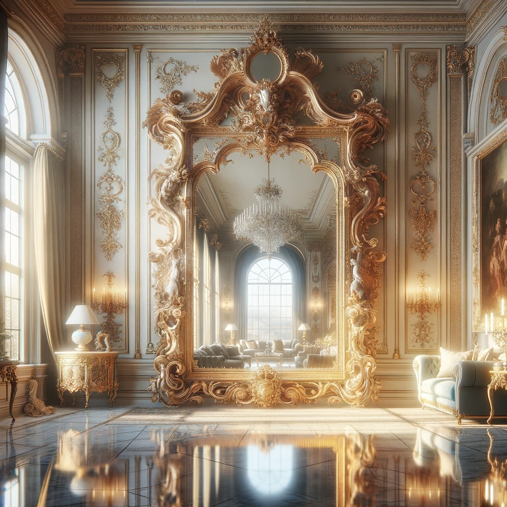 Un miroir Baroque majestueux illuminant un grand salon ensoleillé, où le luxe du passé est mis en lumière.