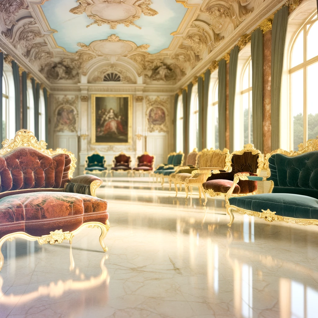 Élégance Baroque : des chaises opulentes dans un grand salon ensoleillé, où le luxe de l'histoire rencontre la lumière d'aujourd'hui.