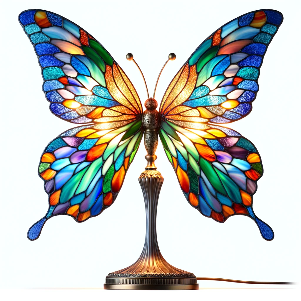 Combinant l'art du verre Tiffany avec la beauté aérienne d'un papillon, cette pièce rayonne de couleurs.
