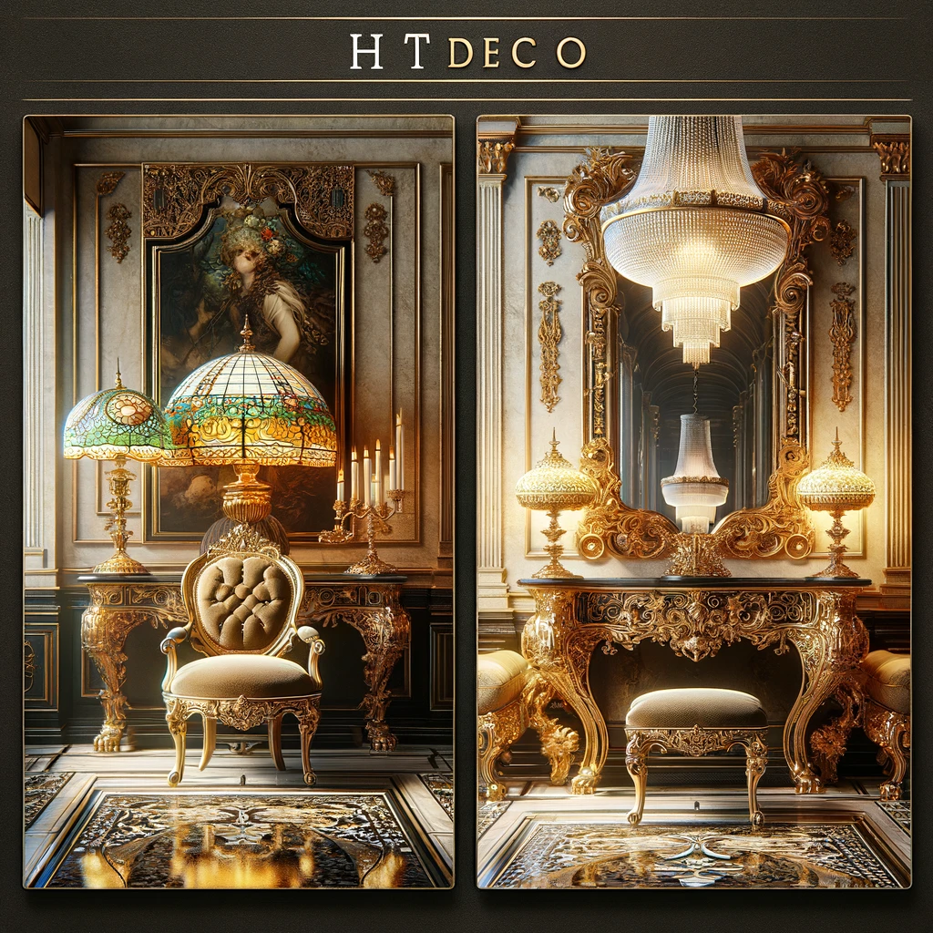 DALL·E 2024 03 08 11.13.20 Create two square images that illustrate an elegant interior decor showroom for HTDeco. The first image should highlight a luxurious setting featuring