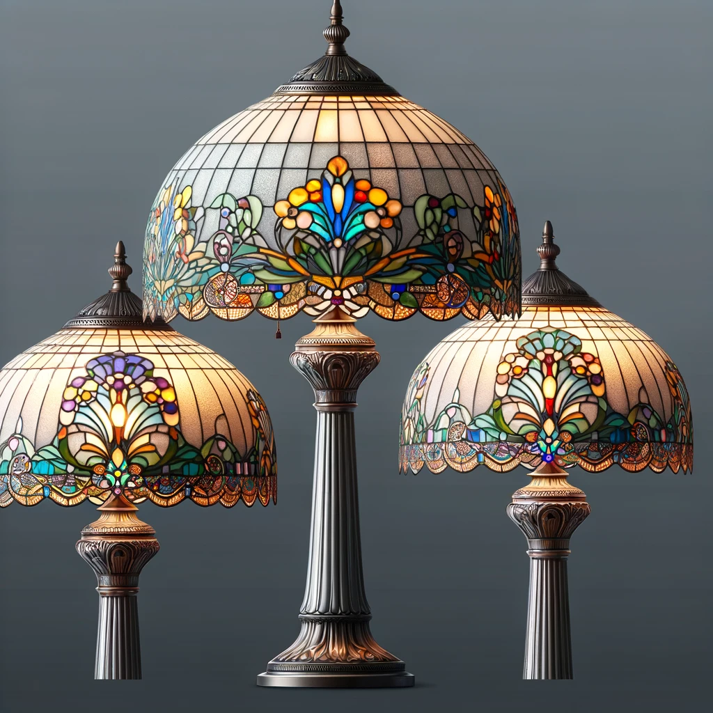 DALL·E 2024 03 08 11.36.20 Create an image featuring Tiffany lamps with a dominant grey background. The lamps should be the central focus of the image showcasing their intricat
