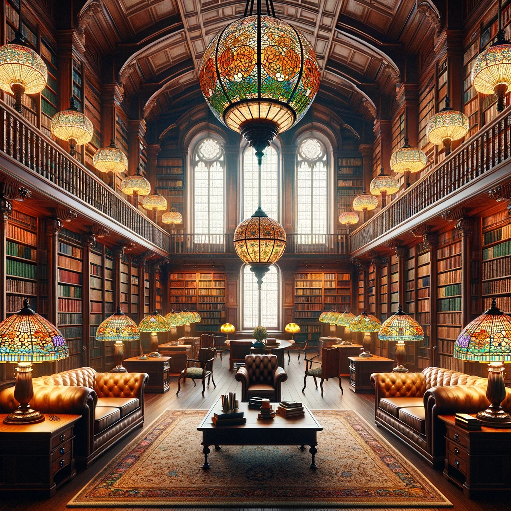 DALL·E 2024 03 08 11.36.27 Create an image showcasing a grand library setting with Tiffany lamps. The scene should depict a spacious library filled with towering bookshelves ri